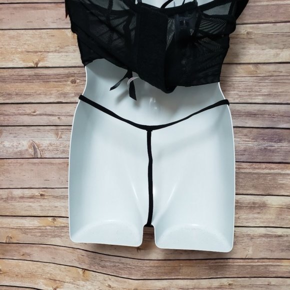 Black Lace Bustier Thong Lingerie Set with Cream Embroidery, M/L - Picture 7 of 8